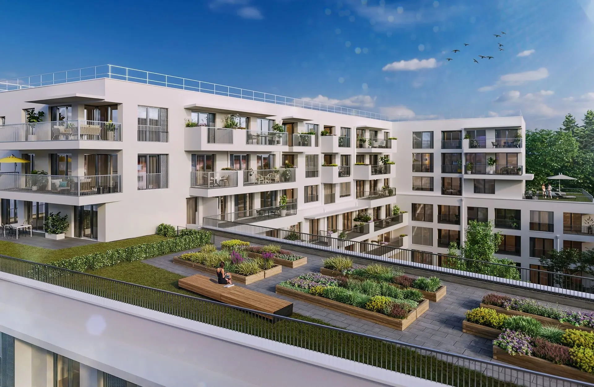 Moderne Wohnanlage mit begrünter Dachterrasse