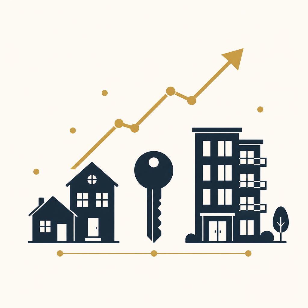 Immobilienbesitzer mit steigender Wohnanlage als Symbol für Wertentwicklung